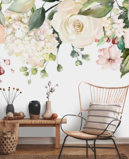 mural de papel de parede personalizado de flores penduradas em rosa pálido e verde sálvia chamado Romantic Flower Chandelier para salas de jantar