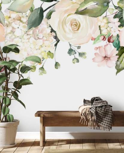 papier peint mural personnalisé de fleurs suspendues rose pâle et vert sauge appelé lustre à fleurs romantique pour salles à manger