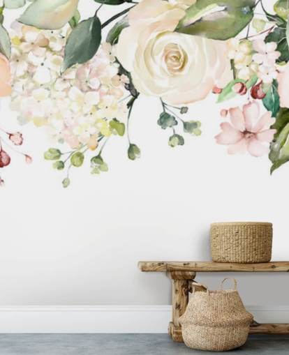 pale pink and sage green custom hanging flowers wallpaper mural called Romantic Flower Chandelier for dining rooms