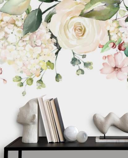 pale pink and sage green custom hanging flowers wallpaper mural called Romantic Flower Chandelier for dining rooms