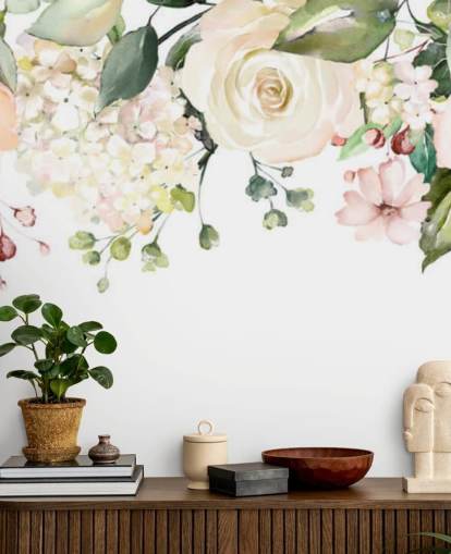 ljusrosa och salviagrön anpassade hängande blommor tapetväggmålning kallad Romantic Flower Chandelier för matsalar