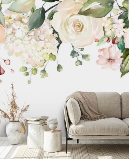 pale pink and sage green custom hanging flowers wallpaper mural called Romantic Flower Chandelier for dining rooms