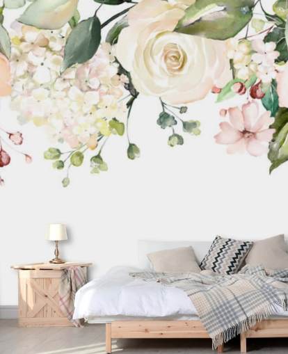 carta da parati murale con fiori da appendere personalizzati rosa pallido e verde salvia chiamato Romantic Flower Chandelier per sale da pranzo