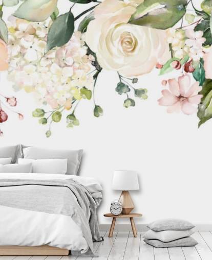 mural de papel pintado de flores colgantes personalizado de color rosa pálido y verde salvia llamado Romantic Flower Chandelier para comedores