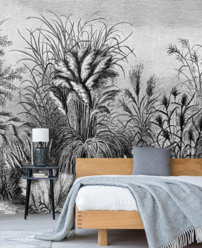black and white illustrated antique jungle wallpaper