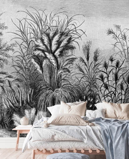 black and white illustrated antique jungle wallpaper