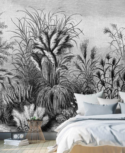 zwart-wit geïllustreerd antiek jungle behang