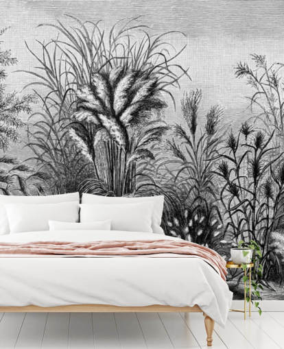 papel de parede antigo ilustrado preto e branco da selva