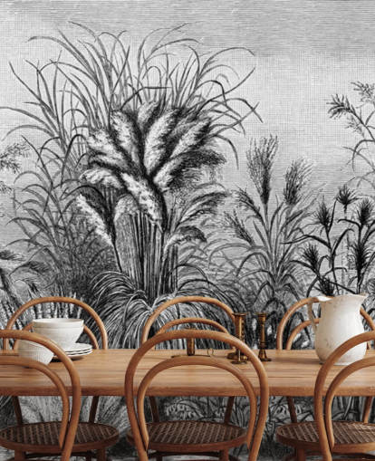 papel pintado de selva antiguo ilustrado en blanco y negro