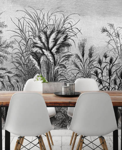 papel pintado de selva antiguo ilustrado en blanco y negro