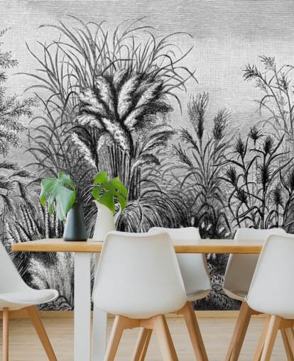papier peint jungle antique illustré en noir et blanc
