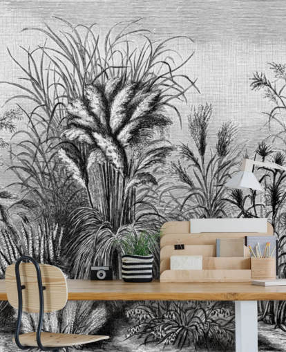 black and white illustrated antique jungle wallpaper