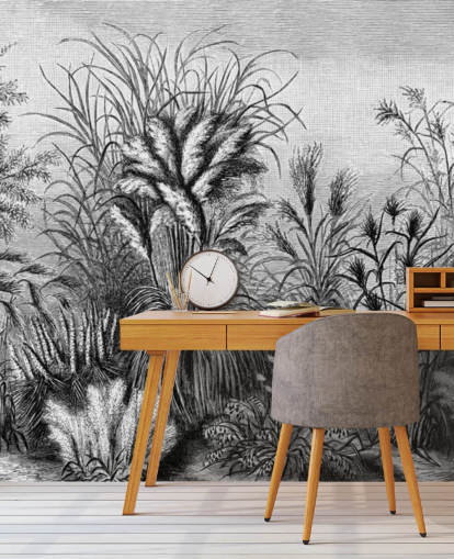 papel de parede antigo ilustrado preto e branco da selva