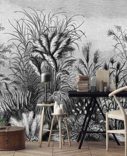 black and white illustrated antique jungle wallpaper