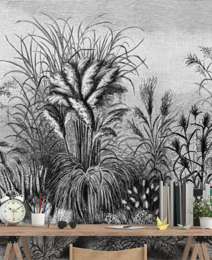 papel de parede antigo ilustrado preto e branco da selva