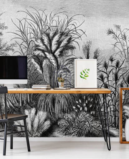 papel pintado de selva antiguo ilustrado en blanco y negro