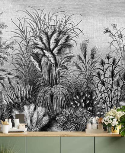 papel de parede antigo ilustrado preto e branco da selva