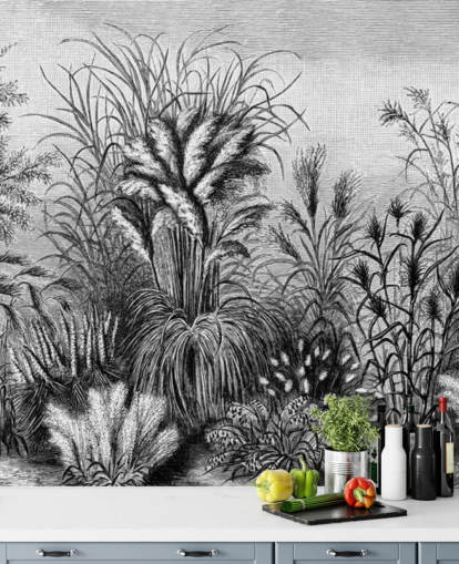 black and white illustrated antique jungle wallpaper