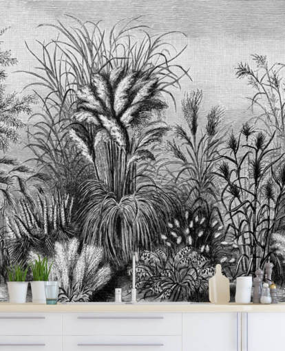 black and white illustrated antique jungle wallpaper