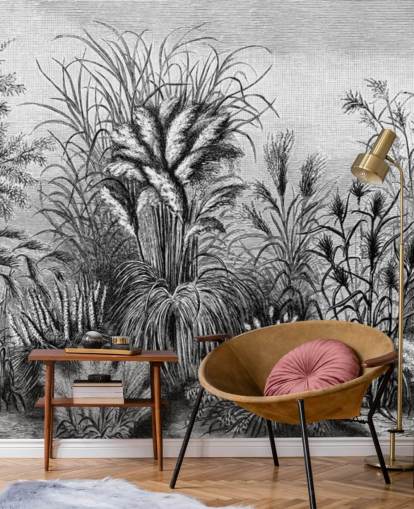 papel pintado de selva antiguo ilustrado en blanco y negro