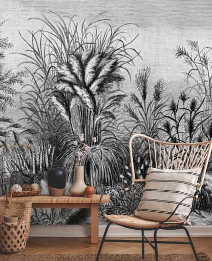 papel de parede antigo ilustrado preto e branco da selva