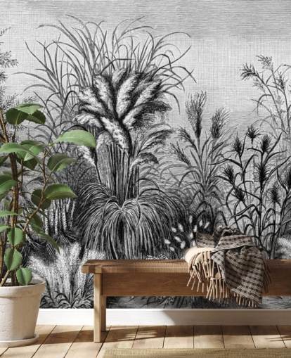 black and white illustrated antique jungle wallpaper
