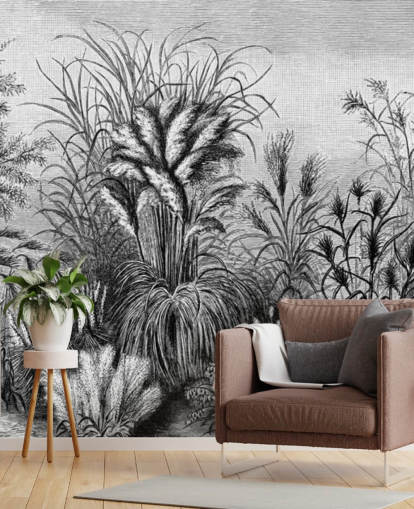 zwart-wit geïllustreerd antiek jungle behang