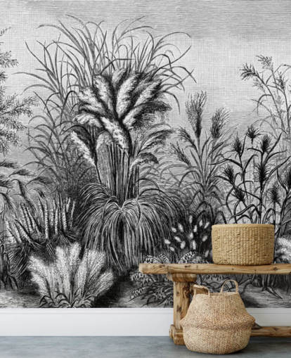 zwart-wit geïllustreerd antiek jungle behang