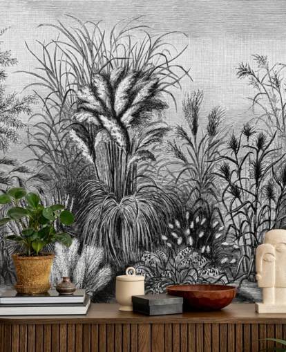 papier peint jungle antique illustré en noir et blanc