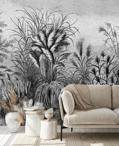 zwart-wit geïllustreerd antiek jungle behang zwart-wit geïllustreerd antiek jungle behang