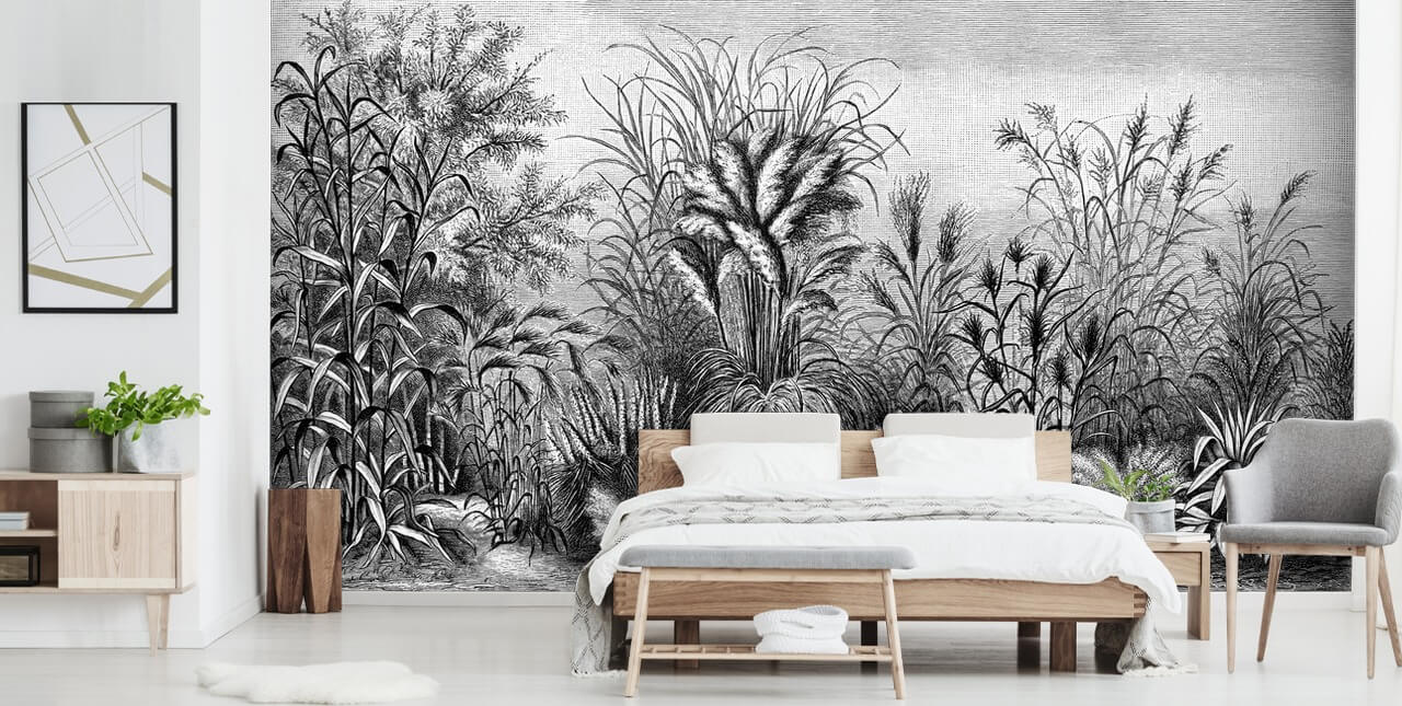 papel pintado de selva antiguo ilustrado en blanco y negro