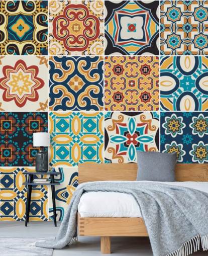 Moroccan Terracotta and Blue Tiles Wallpaper
