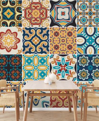Moroccan Terracotta and Blue Tiles Wallpaper