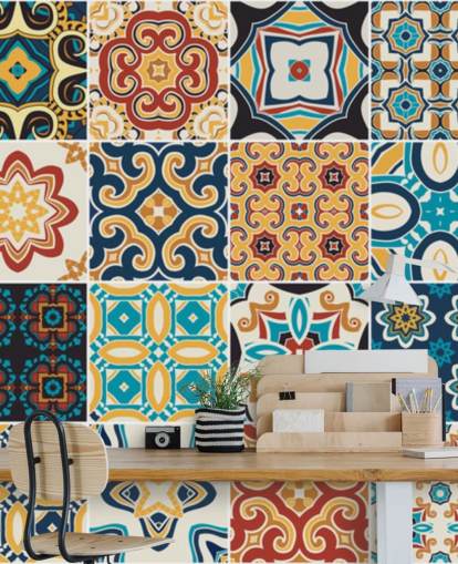 Moroccan Terracotta and Blue Tiles Wallpaper