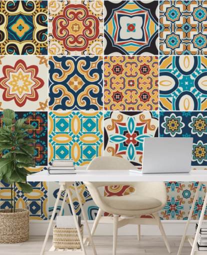 Carta da parati marocchina terracotta e piastrelle blu