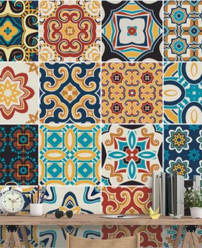 Papel pintado de terracota y azulejos azules marroquíes Papel pintado de terracota y azulejos azules marroquíes