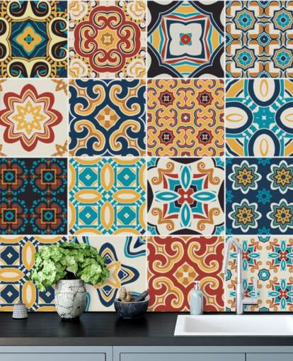 Moroccan Terracotta and Blue Tiles Wallpaper
