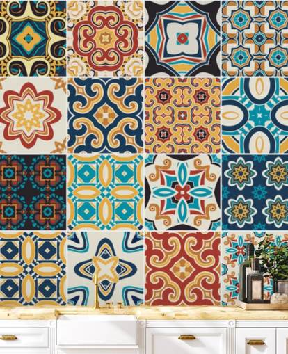 Marokkaans terracotta en blauwe tegels behang