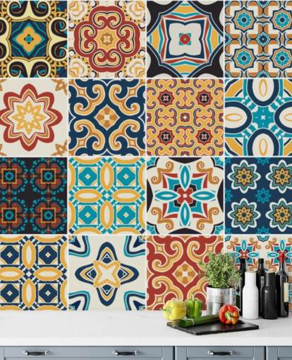 Moroccan Terracotta and Blue Tiles Wallpaper
