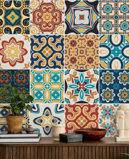 Papier peint marocain en terre cuite et carreaux bleus Papier peint marocain en terre cuite et carreaux bleus