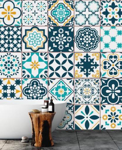 papier peint carreaux bleu et moutarde