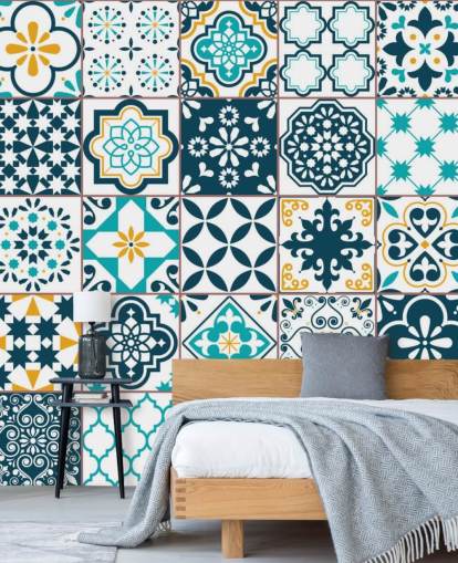 blue and mustard pattern tiles wallpaper