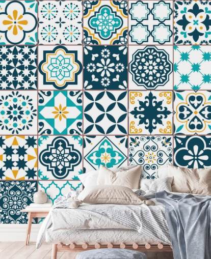 papel tapiz de azulejos de patrón azul y mostaza