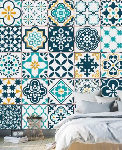 blue and mustard pattern tiles wallpaper