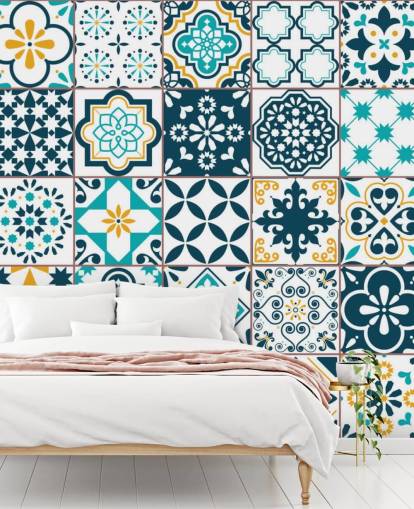 blue and mustard pattern tiles wallpaper