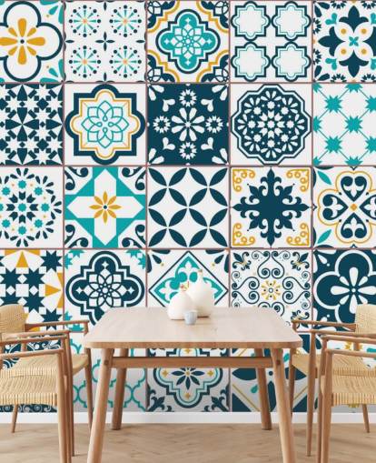 blue and mustard pattern tiles wallpaper