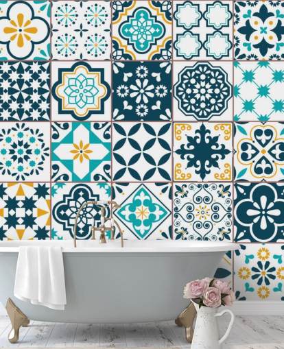 azulejos padrão azul e mostarda papel de parede azulejos padrão azul e mostarda papel de parede