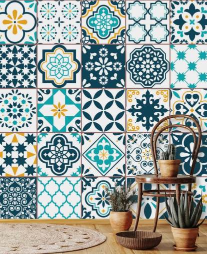 papel tapiz de azulejos de patrón azul y mostaza