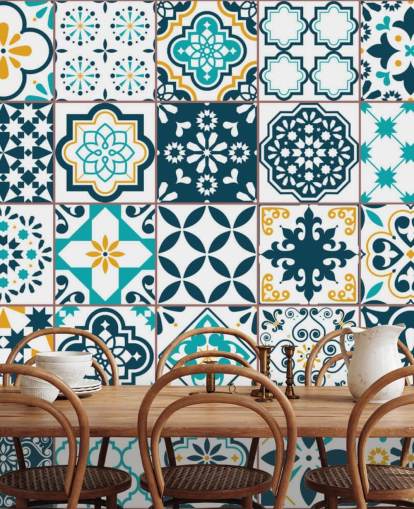 papel tapiz de azulejos de patrón azul y mostaza