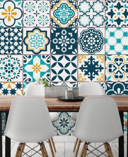 blue and mustard pattern tiles wallpaper